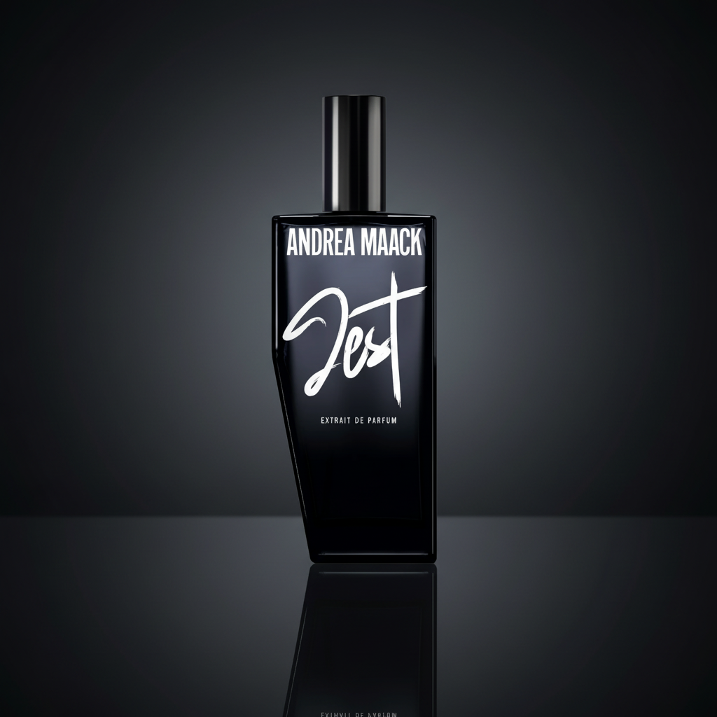 Black perfume bottle with 'Andrea Maack' branding on a white background