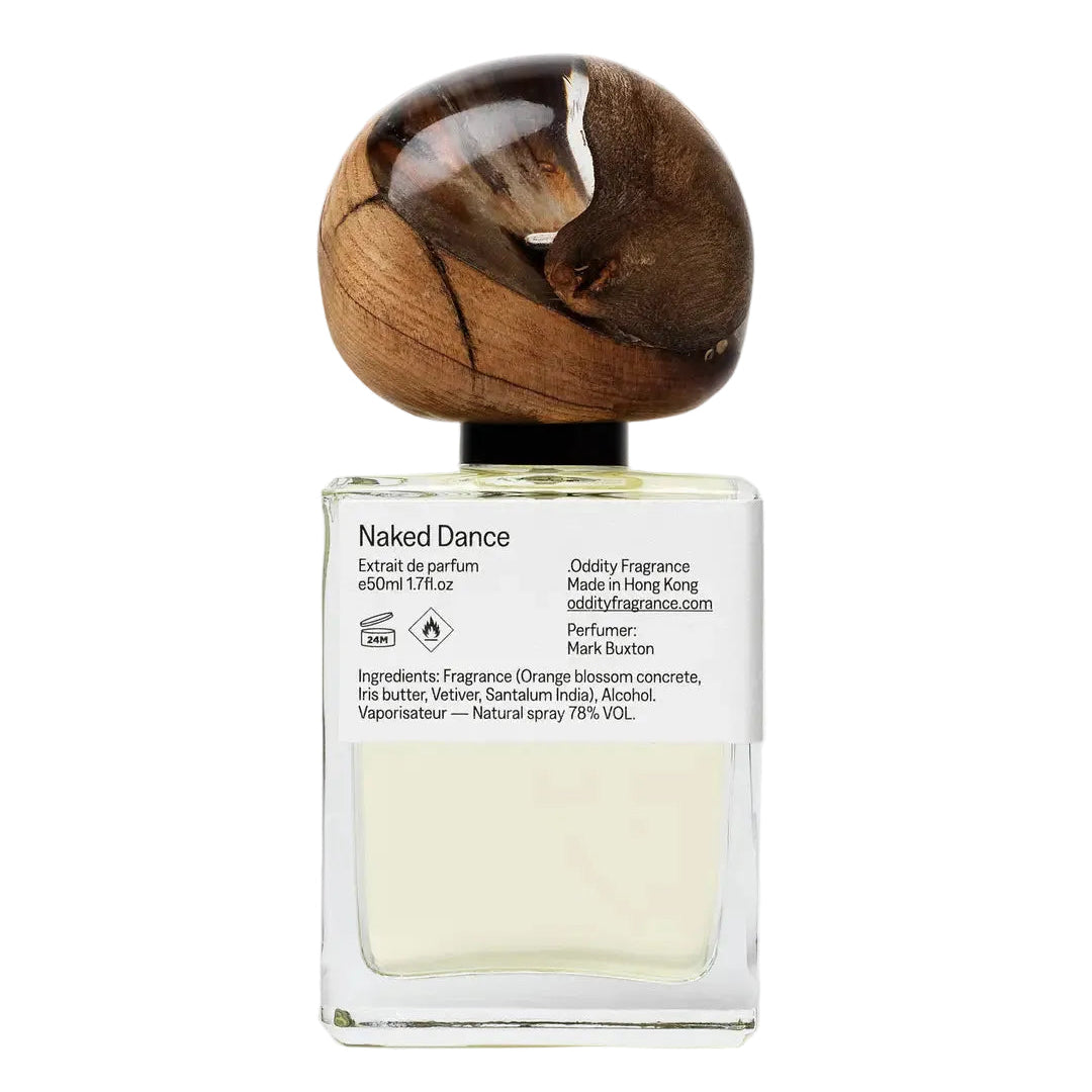 Perfume bottle with wooden cap on a white background
