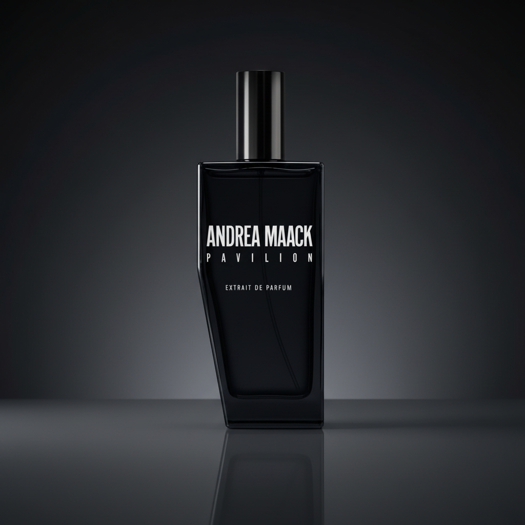 Black perfume bottle with 'Andrea Maack' branding on a white background