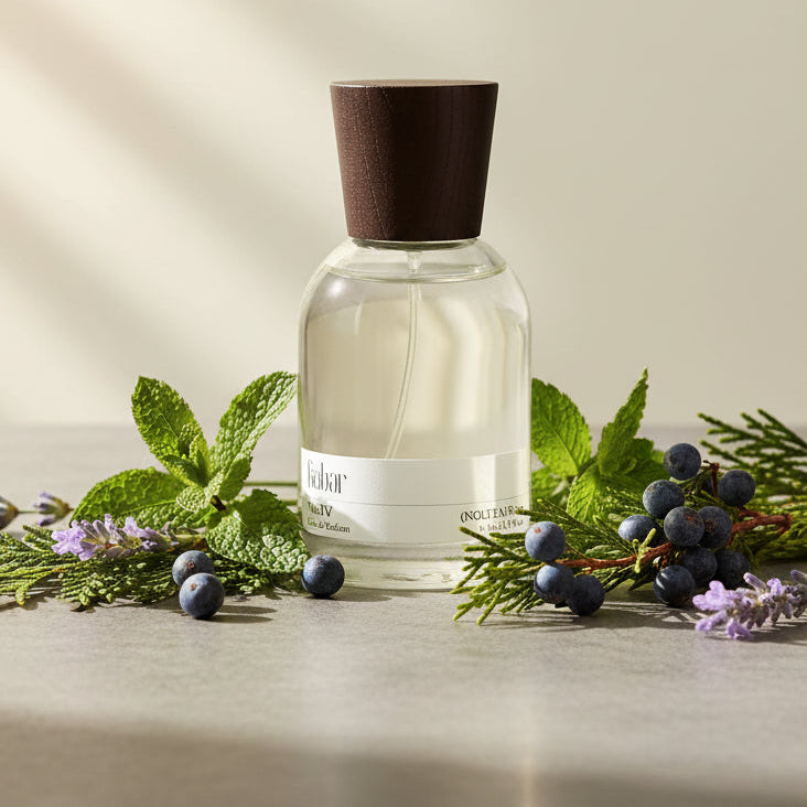 Clear perfume bottle with black cap on a white background