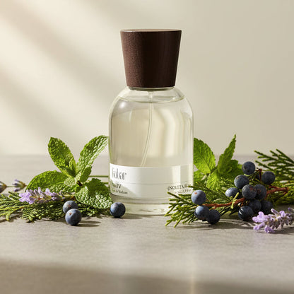 Clear perfume bottle with black cap on a white background