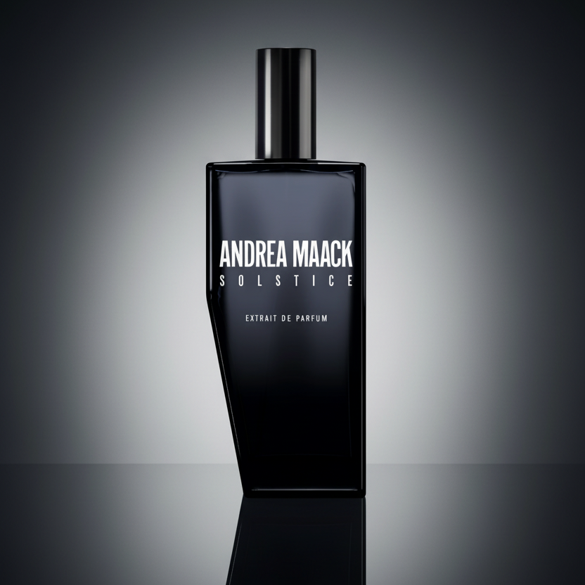 Black perfume bottle with 'Andrea Maack Solstice' text on a white background